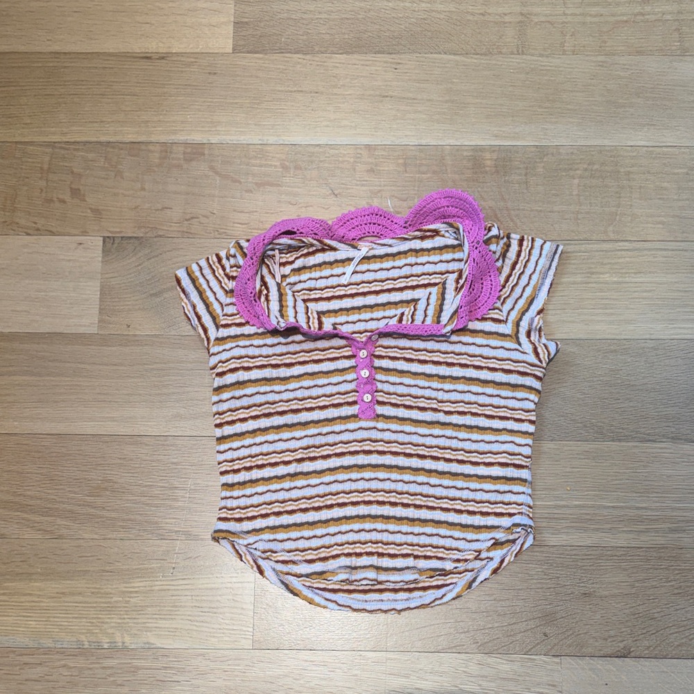 Free People Pink and Brown Striped Tee